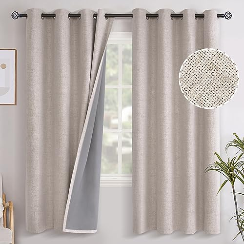 YoungsTex 72 Inches Long Linen 100% Blackout Curtains for Bedroom, Beige Thermal Insulated Drapes with Grommet Room Darkening for Farmhouse Bedroom Window, 2 Panels, 52 X 72 Inch