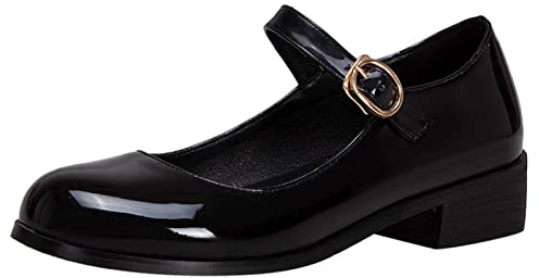 Lizoleor Femmes Bride Cheville Mary Jane Bout Rond Classique Cuir Verni Block Talons Moyen Escarpins Femmes École Boucle Décontractée Prom Chaussures Noir Taille 44 EU/46Cn