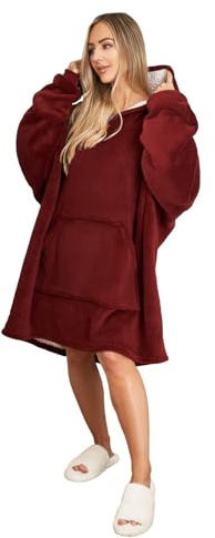 Sienna Hoodie Blanket Oversized Ultra Soft Plush Sherpa Fleece Wearable Throw Blanket Cosy Giant Warm Sweatshirt - Burgundy