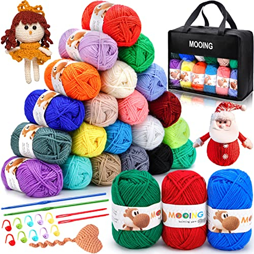 MOOING Acrylwolle Set, 24 Farben Wolle Set, Baumwolle Wolle mit 2 Häkelnadeln, 40g Baumwollgarn, Wolles zum Stricken zur Herstellung von Haustierkleidung, Hüten, Handtüchern, Handschuhen
