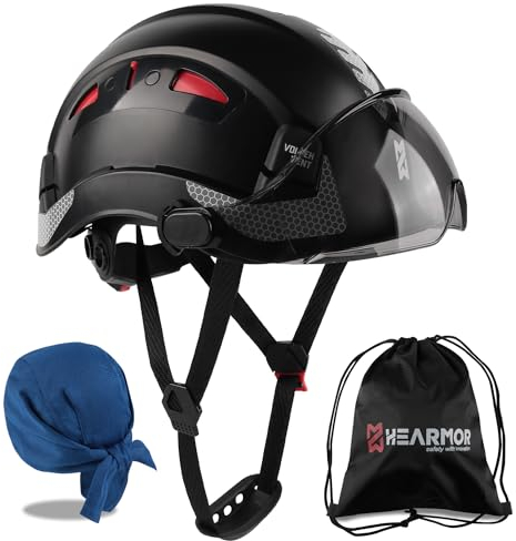 HEARMOR Casco de seguridad con visera, EN 397 - Casco de trabajo ventilado para adultos, sistema de trinquete ajustable, visera ahumada, color negro