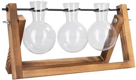 Ideen mit Herz Vasi in vetro con supporto in legno, vaso per fiori e decorazione da tavolo, 3 vasi in vetro, dimensioni dei vasi: Ø 6,5 cm, altezza 10 cm, supporto in legno: larghezza 27 cm,