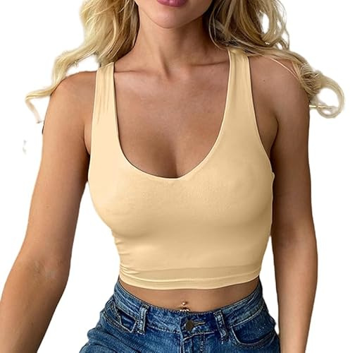 Haibang Camiseta sin Mangas Mujer Verano Sexy Ajustado Crop Top Cuello V Camisetas Tirantes Deportivas Tank Tops Básica Chaleco Color Sólido Top Corto Lencero Doble Forro Moda Casual Streetwear