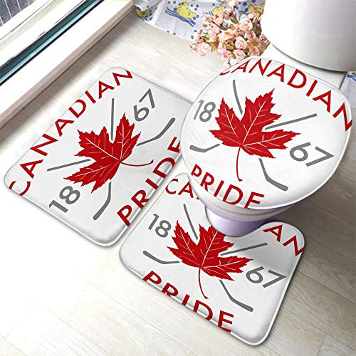 3 Piezas Juego De Alfombra De Baño Canadian Pride 1867 Crest Maple Leaf and Crossed Hockey Juego De Alfombrillas De Baño Lavable Imprimir Alfombras De Cama, para Baño, Cocina, Dormitorio