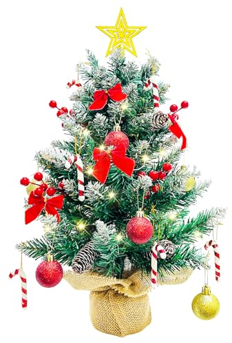 Weihnachtsbaum mit Beleuchtung und Schnee 60cm, Künstliche Weihnachtsbäume Geschmückt, Tannenbaum Lichterkette Deko mit Weihnachtskugel Tannenzapfen Christbaumspitze Stern Weihnachtsdeko DIY Tischdeko