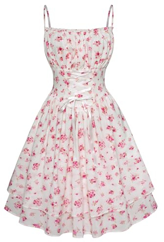 SCARLET DARKNESS Abito estivo da donna, linea A, casual, mini prendisole senza maniche, con spalline sottili, abito floreale con tasche, Fioreale rosa, L