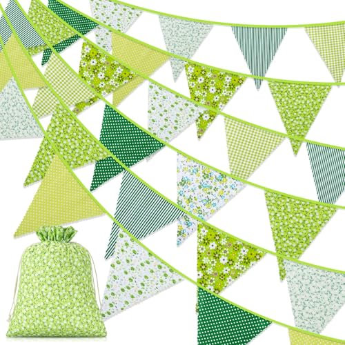 Alintor Green Floral Bunting, 45 Flags 39.4ft Fabric Bunting, Ve Day Bunting, Bunting Outdoor Waterproof, Vintage Bunting for Afternoon Tea Garden Party Birthday Festival Spring Easter Decorations