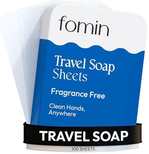 FOMIN - Antibacterial Paper Soap Sheets for Traveling - 100 Unscented Portable Hand Soap Sheets for Travel in Tin - Dissolvable Mini Portable Travel Soap Sheet for Hand Washing, Camping and Hiking