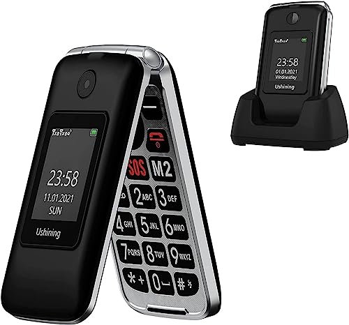 Tosaju Seniorenhandy Klapphandy ohne Vertrag Großtasten Handy für Senioren mit Ladestation Notruftaste Dual-SIM 1200 mAh Akku Lange Standby-Zeit 2,8 und 1,77 Zoll Doppel Farbdisplay Schwarz