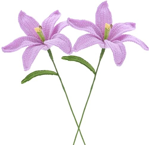 M METERXITY 2-Pack Crochet Flowers, Knitted Artificial Wool Lily for Mother's Day/Wedding/Birthday/DIY Decor, Handmade Knitted Flowers [Purple]