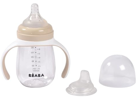 BÉABA, 2-in-1 Baby Bottle/Training Cup, Children's Straw Cup, 100% Leak-Proof, Easy to Open, Removable Handles, Tritan and Silicone, 210 ml, Clay