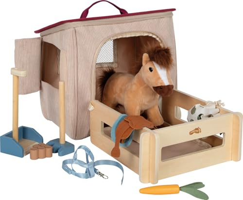 Small Foot Set da Gioco Cavallo con stalla e Accessori nella Borsa, Cavallo di Peluche con numerosi Accessori per Cavalcare e per la Cura, per Bambini dai 2 Anni, 12731