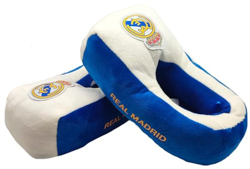 Real Madrid Chaussures de maison pour enfants, velours bleu et blanc, rembourrées avec logo officiel, taille 30 à 37.