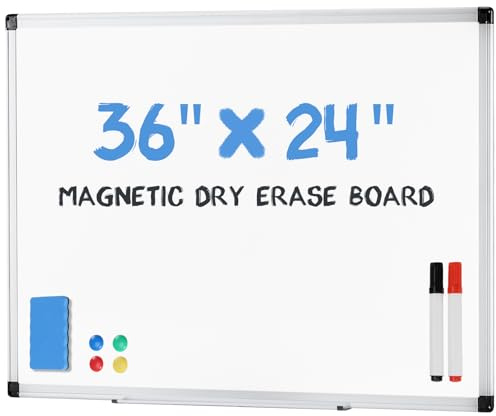 DUMOS Magnetic White Board Kit for Wall 36 x 24, Dry Erase Board with 1 Dry Eraser & 2 Multicolor Markers & 4 Magnetic Pins, Reinforced Aluminum Frame for Home, School, Office