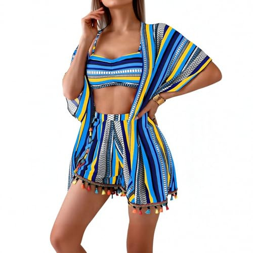 Bikini Talla Grande BañAdor 2 Piezas Mujer Trajes de baño de Bikini para Mujer, 4 Piezas, Cintura Alta, con Flecos, Malla, Pantalones Cortos, para Playa Bikinis Mujer 2026 Braga Alta BañAdor Premama