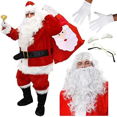 Costume de Père Noël professionnel de luxe – Costume de Père Noël – XXXL – 12 pièces en velours de qualité grande taille – Costume de Père Noël en peluche St Nick pour adultes