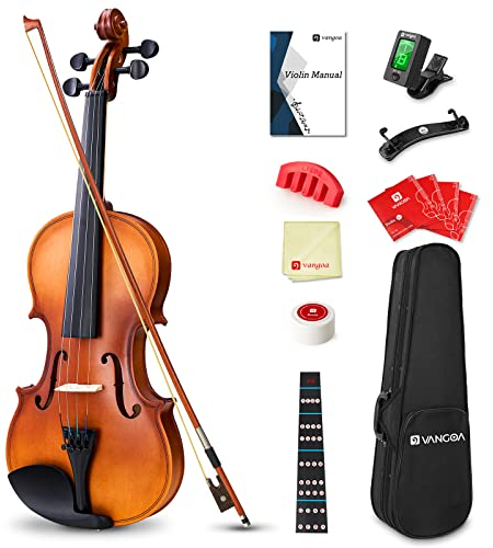 Vangoa 4/4 Violine Massivholz Geige Anfänger Akustische Violin Set für Erwachsene, Einsteiger und Kinder mit Violinenkoffer, Schulterstütze, Kolophonium, Saiten, Handbuch, Dämpfer, Noten-Aufkleber