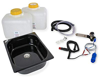 12 Volt Wasseranlage Imbisswagen Verkaufsanhänger Campingküche 12v Bausatz Spüle schwarz 325x265x100 Barwig Schwarz/chrom Weithals Wasserkanister 10L (ad-ideen)