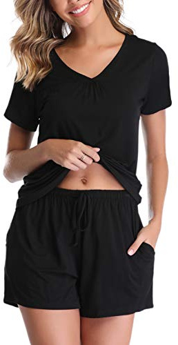 Vlazom Women's Pyjama Sets V-Neck Soft Loungewear Summer Pjs Set Cotton Short Sleeve Sleepwear with Pockets, Dark Black, XXL