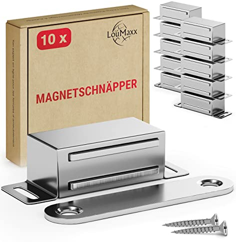LouMaxx Chiusura magnetica forte, forza di tenuta, 4 kg, set da 10 pezzi, in acciaio inox, magnete per porta, calamita per mobili, chiusura magnetica in acciaio inox, supporto magnetico per porta
