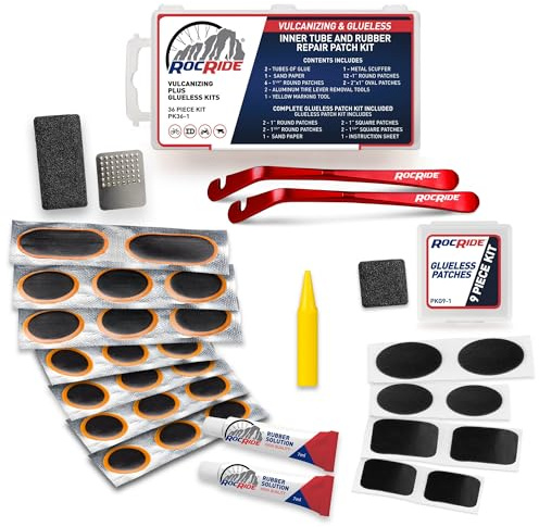 RocRide 36-PC Bike Inner Tube Repair Kit. Includes Vulcanizing and Self Adhesive Bike Tire Patch Kit with Metal Tire Levers