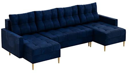 MEBLINI Schlafcouch mit Bettkasten - Ecksofa mit Schlaffunktion - Sofa mit Relaxfunktion und Kissen - Couch U-Form - Eckcouch - SCANDO - 290x140x75cm - Blau Samt