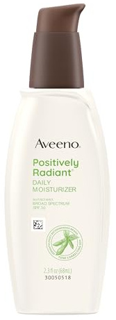 Aveeno Positively Radiant Face Moisturizer with SPF 30 Sunscreen, Hydrating Facial Moisturizer with Soy Extract to Visibly Improve Skin Tone and Texture, Hypoallergenic Formula, Oil-Free, 2.3 FL OZ