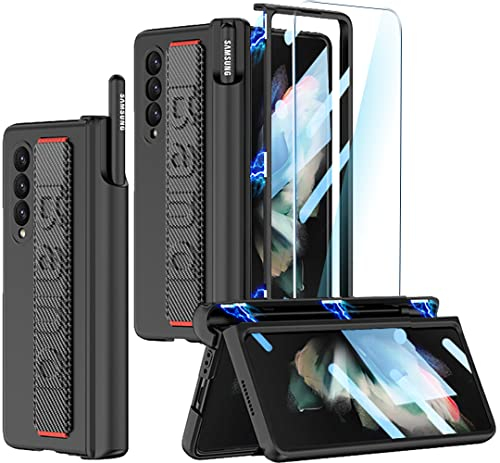 SOUTEM für Samsung Galaxy Z Fold 3 Hülle mit Handschlaufe & Displayschutz & S Pen Slot, Magnetscharnier Stoßstange Schutzhülle Ultra Slim Stoßfest Anti-Kratz für Samsung Z Fold 3(Ohne S Pen),Schwarz