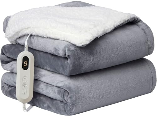 Neo Electric Heated Throw Over Blanket Soft Thickened Flannel Sherpa Reversible (Grey)