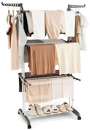 GOFLAME 4-Tier Clothes Drying Rack, Collapsible Clothes Horse Rack with Rotatable Side Wings and Foldable Shelves, Freestanding Garment Dryer Stand with Casters for Indoor and Outdoor Use, Grey