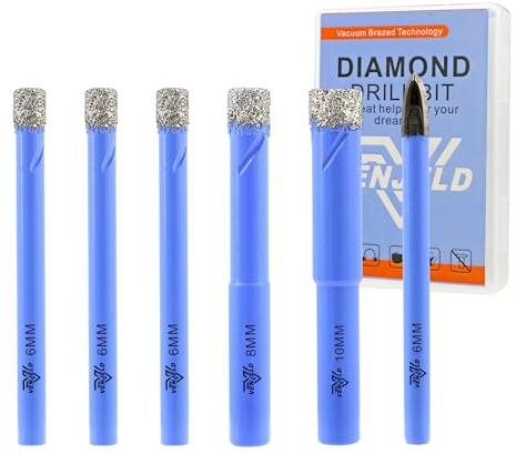 VENJELD Juego de Brocas Diamante Seco - 5 Piezas 6/6/6/8/10mm Corona Diamnate y 1 Pieza 6mm Taladro Carburo para Porcelana Cerámica Mármol Granito - Vástago Redondo con Estuche