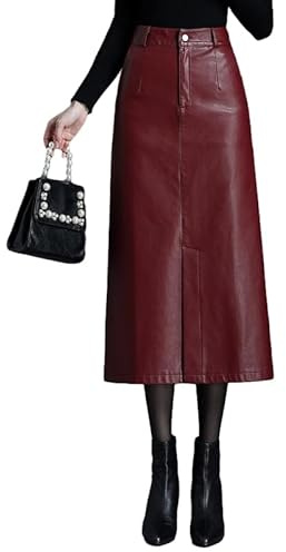 Long Leather Skirts for Women Casual High Waisted Fall Winter Bodycon Midi Skirt with Slit(Red, L)