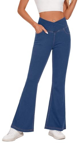 Desol Pantalones vaqueros de mujer de cintura alta con V cruz, pantalones bootcut de cintura alta elásticos con 4 bolsillos, vaqueros acampanados, para fiesta, casual, deporte, azul claro, XL