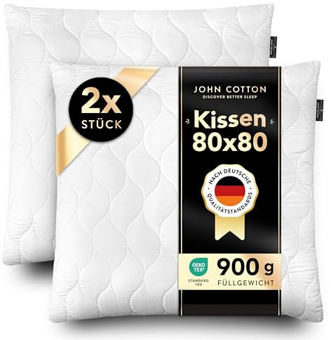 John Cotton Kopfkissen 80x80 cm – 2er Set Hotel-Luxus-Stepp-Kissen für Nackenschmerzen, Verstellbares Kissen mit Reißverschluss - 900g Füllung, Schlafkissen für Allergiker, Oeko-TEX (80 x 80)
