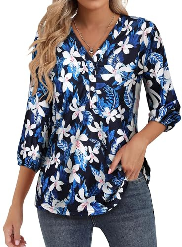 WIEIYM T-shirt d'été hawaïen à manches 3/4 pour femme, imprimé floral, col en V, tunique décontractée à boutons, bleu marine, XL