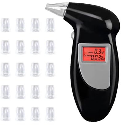 GERUI Éthylotest professionnel portable avec écran LED numérique rapide et précis pour la police avec 20 embouts buccaux
