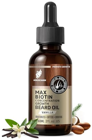 aokur Biotin Beard Growth Oil for Men - Vitamin B5 & Castor Oil Formula, Promote Thicker Fuller Beard, Daily Care, Styling & Taming, Hydrating, Lightweight Non-Greasy, Vanilla 2oz Gift for Him