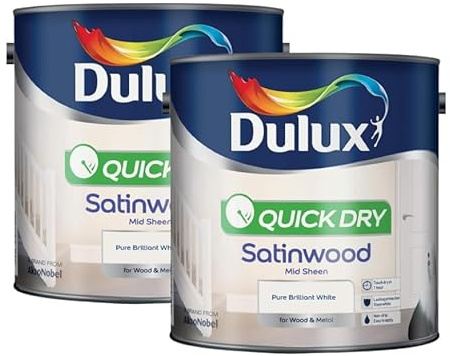 Satinwood Paint For Wood And Metal | Dulux Quick Dry Satinwood | Pure Brilliant White 5L | Suitable for a wide variety of Surfaces | 2 x 2.5L tins