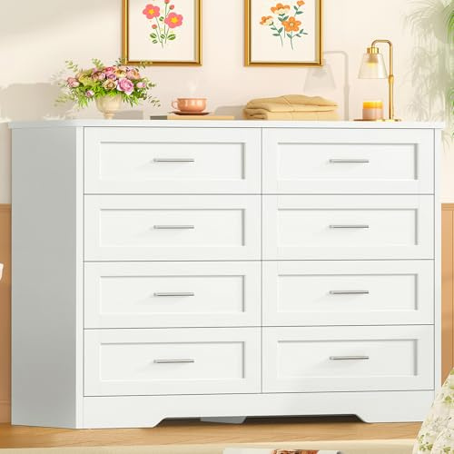 TEENFON Comoda Dormitorio 8 Cajones Blanca, Cómoda y Cajonera Multifunción para Dormitorio - Sinfonier Blanco de Gran Capacidad, Ideal para Salón y Entrada, 107x35x96.5cm
