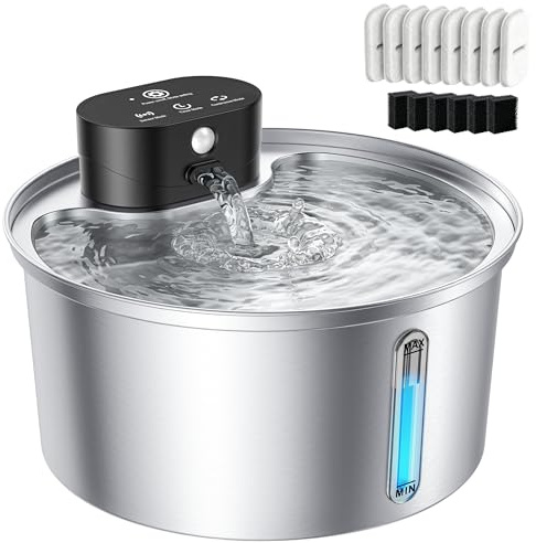 Wireless Cat Water Fountain for Drinking, 3.2L Stainless Steel Dog Fountain, Automatic Sensor Water Fountain Cat Bowl, Pet Water Dispenser for Multiple Pets, Cats, and Small Dogs - with 14 Filters
