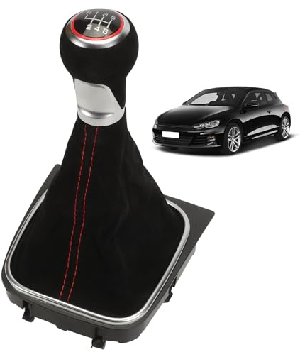 LDLRevX Pomo Palanca Cambios para VW Golf 5 6 V VI EOS Scirocco 3, Funda Cambio Marchas, Tirador Botón Bola, Pomo 6 Velocidades, piel Alcantara, Anillo Costura Roja