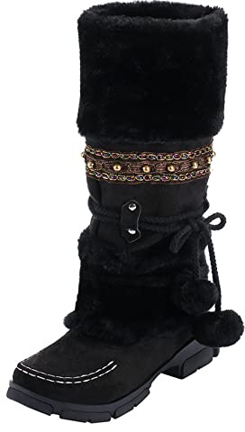 Generisch Zapatos de tacón redondo con tacón alto y calentito, estilo retro, con bola media, botines deslizantes para mujer, Negro , 39 EU