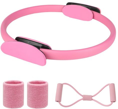 AOTISBAO Pilates Ring Set with Resistance Band, Magic Circle Exercise Equipment for Women, Pink, 40cm Diameter, Non-Slip Core Training Kit for Home Gym Fitness