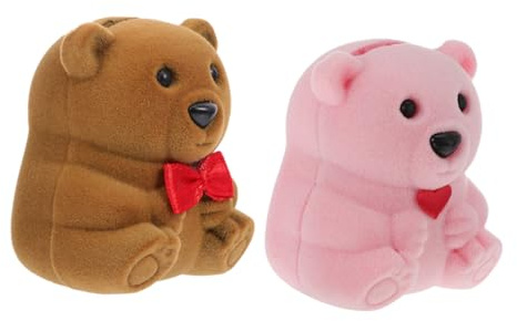 Healeved Cajas para Anillos de Franela 2 Piezas Forma de Osito Rosa y Marrón Estuches Creativos para Joyas de San Valentín Almacenamiento Compacto para Anillos y Accesorios
