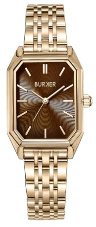 BURKER Damenuhr Isabell, Rechteckiger Damen Armbanduhr Gliederarmband Edelstahl Analog Quarz 3-ATM Wasserdicht - 36 mm - Gold Braun