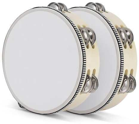 Flexzion trä handhållen tamburin (2-pack) 20 cm dubbel rad 12 par bjällror, handhållna slagverk trumma måne musikaliskt pedagogiskt instrument med metallklocka för vuxna klassrum gåva fest