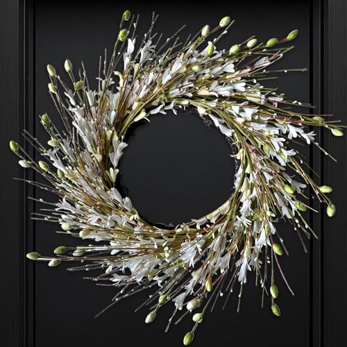 Bibelot 18inch Artificial Forsythia Flower Wreath, All Year Around Wreath for Front Door, Wedding Window Home Wall Indoor Front Door Decor (White, 18in)
