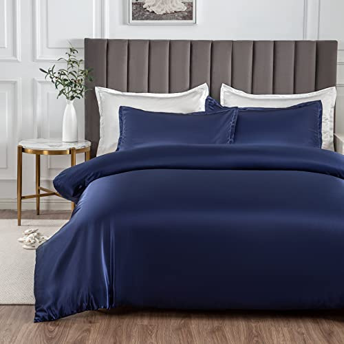 Morbuy Juego de ropa de cama de 3 piezas de satén de seda con funda de edredón y 2 fundas de almohada - Fácil de cuidar - Con cierre de cremallera - 220 x 230 cm - Azul marino