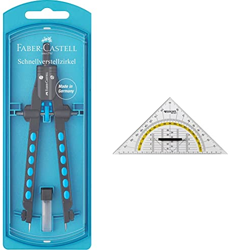 Faber-Castell 174340 - Schnellverstell Zirkel, Factory, blau, 1 Stück & Westcott E-10134 00 Geometriedreieck Kunststoff mit abnehmbarem Griff, 22 cm, transparent