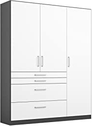 Rauch Möbel Harburg Armoire à Portes battantes 3 Portes avec 4 tiroirs et Paquet d'accessoires Basique, 3 étagères, 1 Tringle à vêtements l x H x P : 136 x 197 x 54 cm - Blanc/Gris métallisé